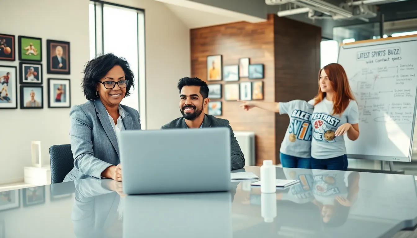 a diverse team discussing sports content in a modern office
