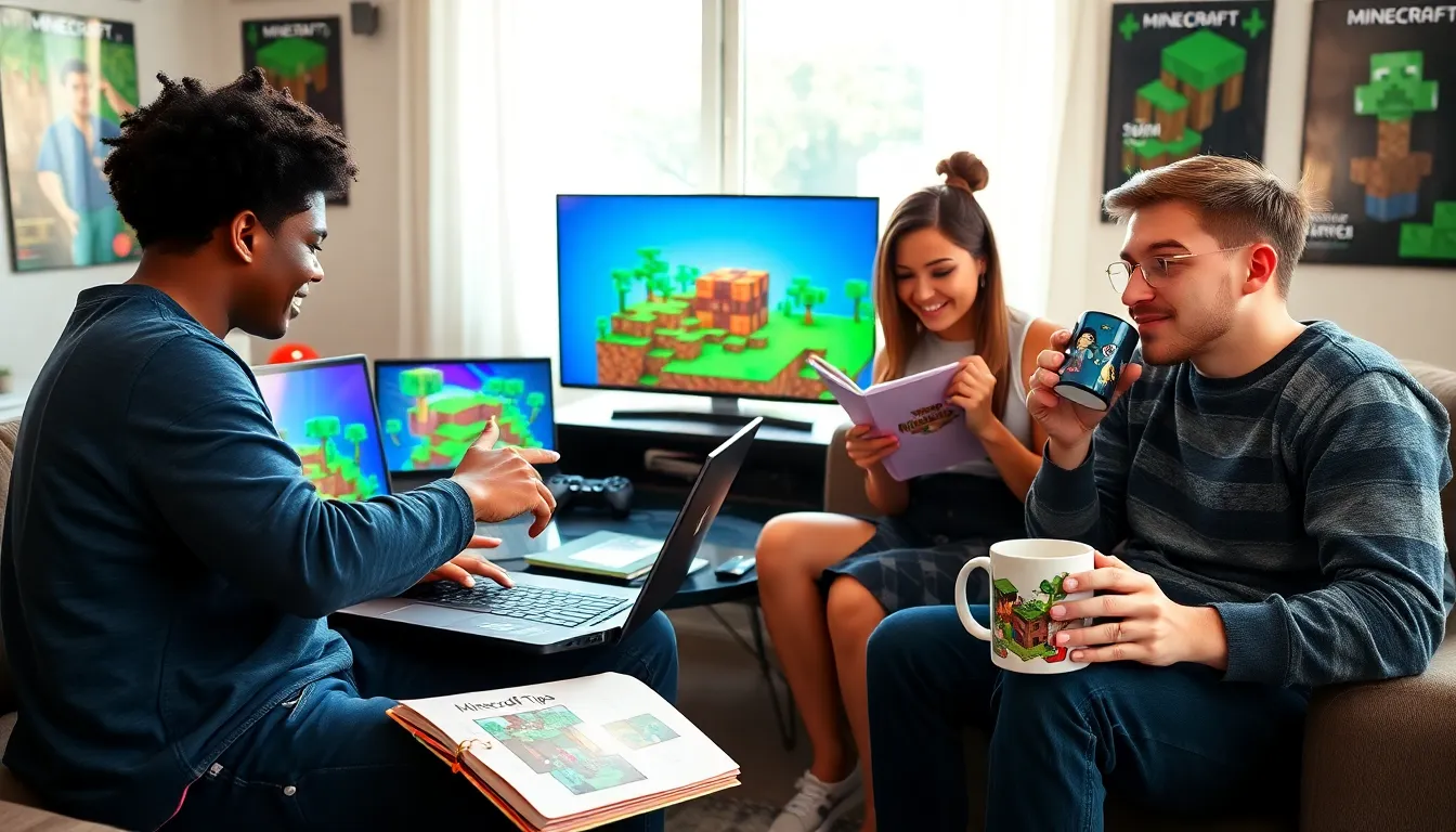 a group of friends gaming together in a cozy living room focused on Minecraft.